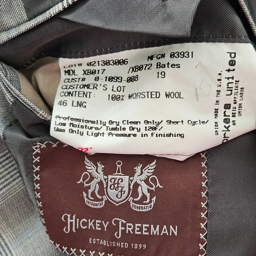 Hickey Freeman Suit Set Mens 46L 36x30 Grey Glen Plaid Wool Business Formal USA